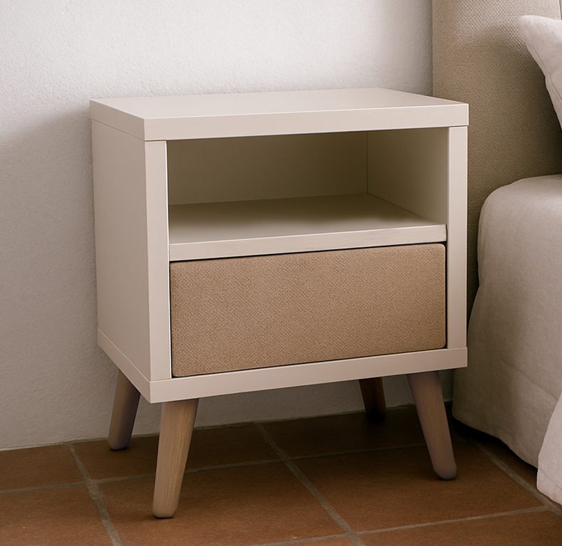 Mesita de noche blanca con pata de madera